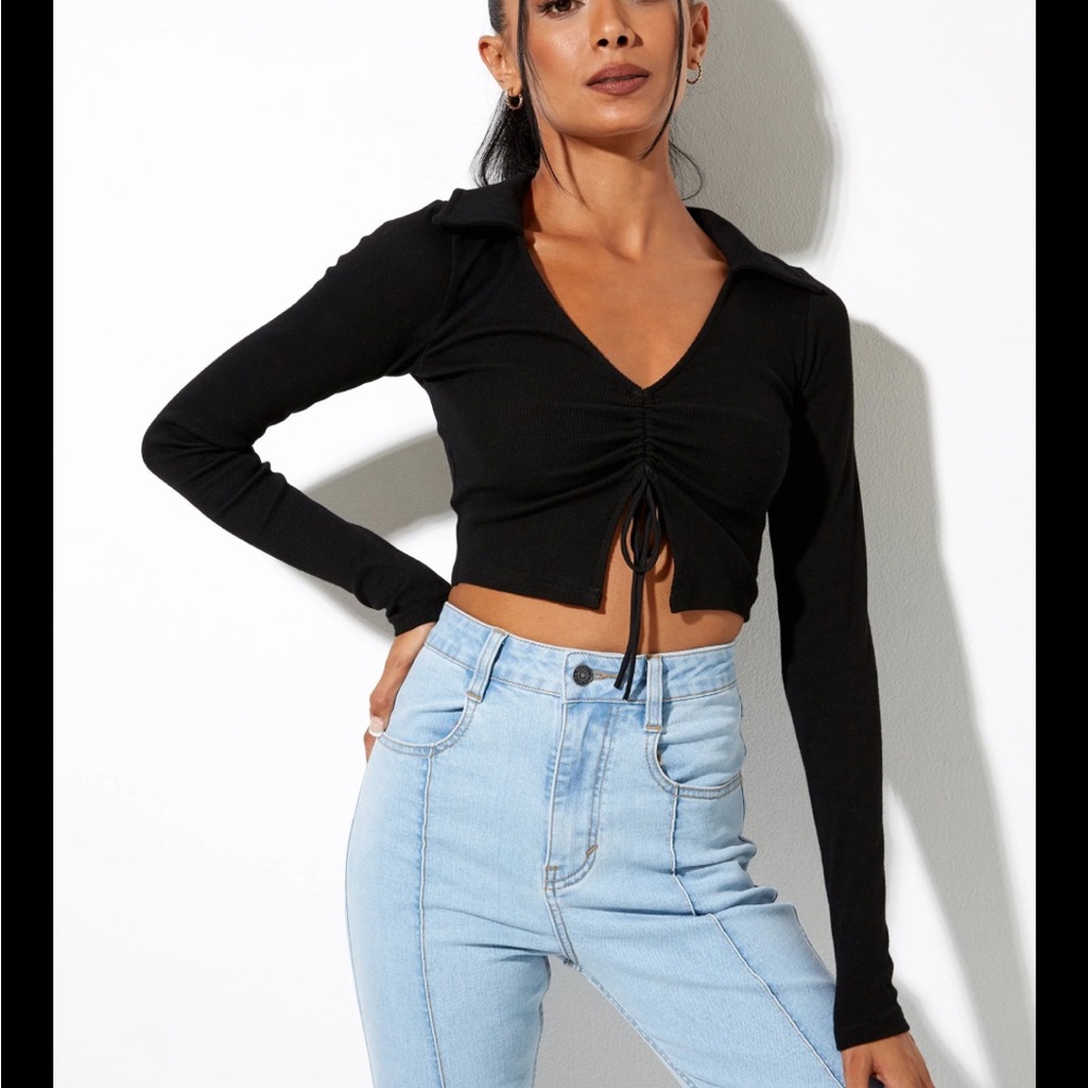 Timing Black Long Sleeve Front Tie Collared XS